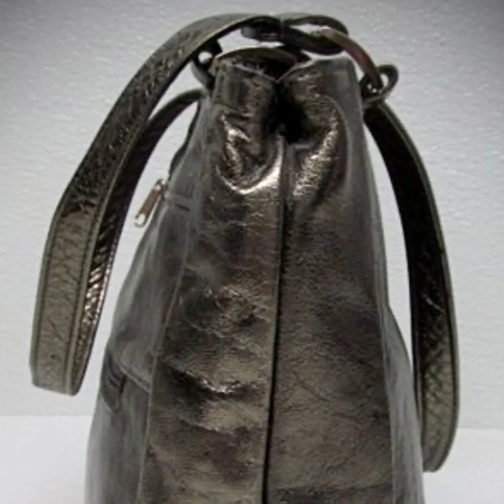 Vintage SAS Leather Purse Metallic Pewter Double Shoulder Straps Snap Zip Close